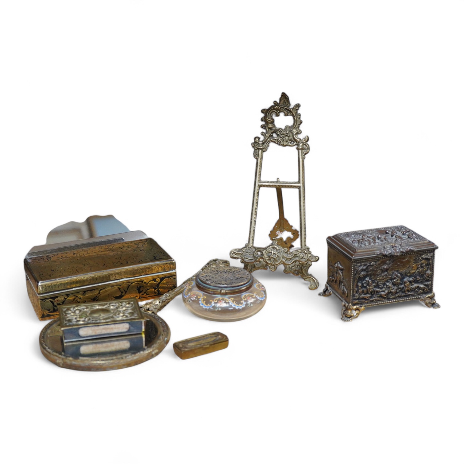 A group of brass and other metalware including an easel, various boxes, mirror etc.(9).